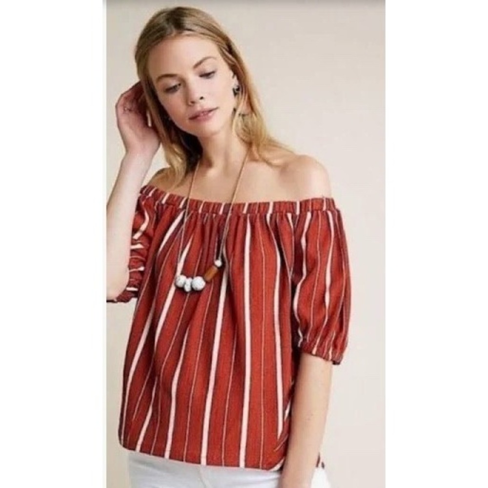 Anthropologie Elodie Stripe Off Shoulder Blouse Medium Boho Peasant Rust EUC